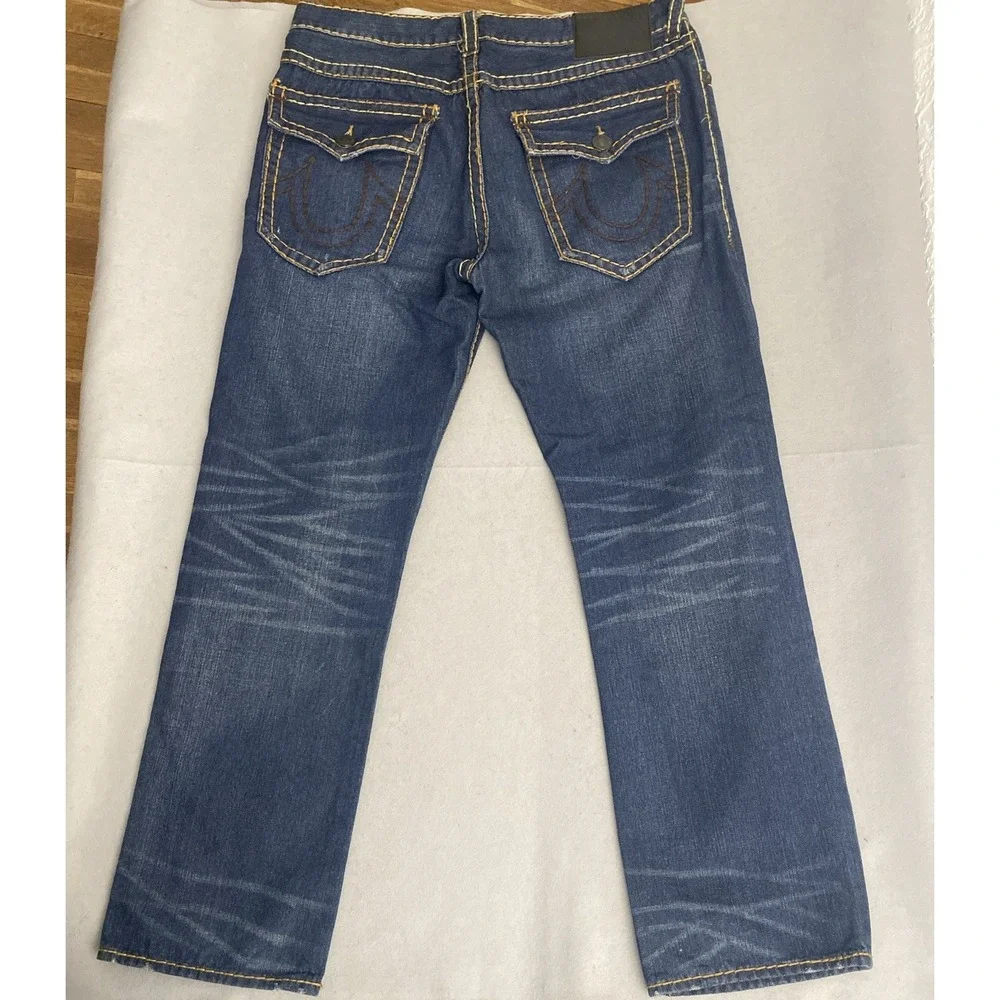 True Religion USA Men's Blue Denim Jeans Relaxed Straight 38x32 Thick Stitch